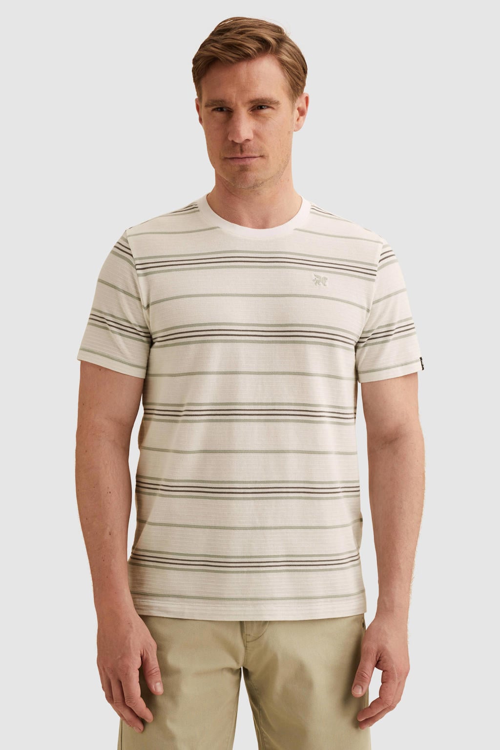 Ecru heren Vanguard regular gestreept T-shirt van katoen met korte mouwen en ronde hals
