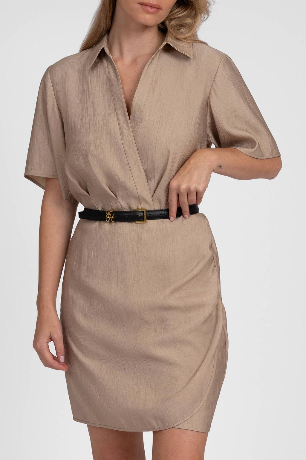 Beige dames Fifth House viscose blazerjurk met effen, korte mouwen, overslagkraag, drukknoopsluiting en plooien