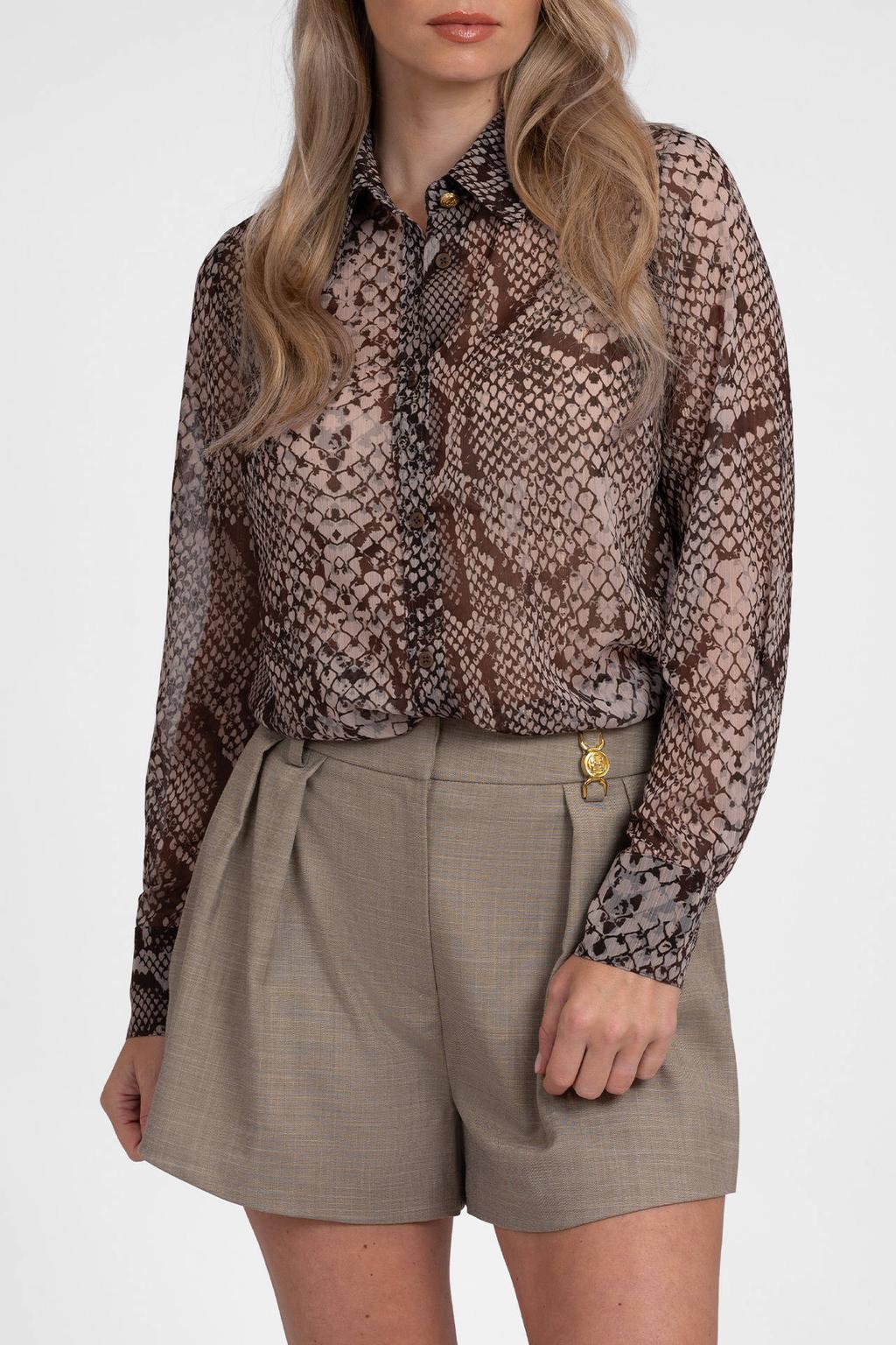Bruin en beige dames Fifth House blouse van polyester met dierenprint, lange mouwen, klassieke kraag en knoopsluiting