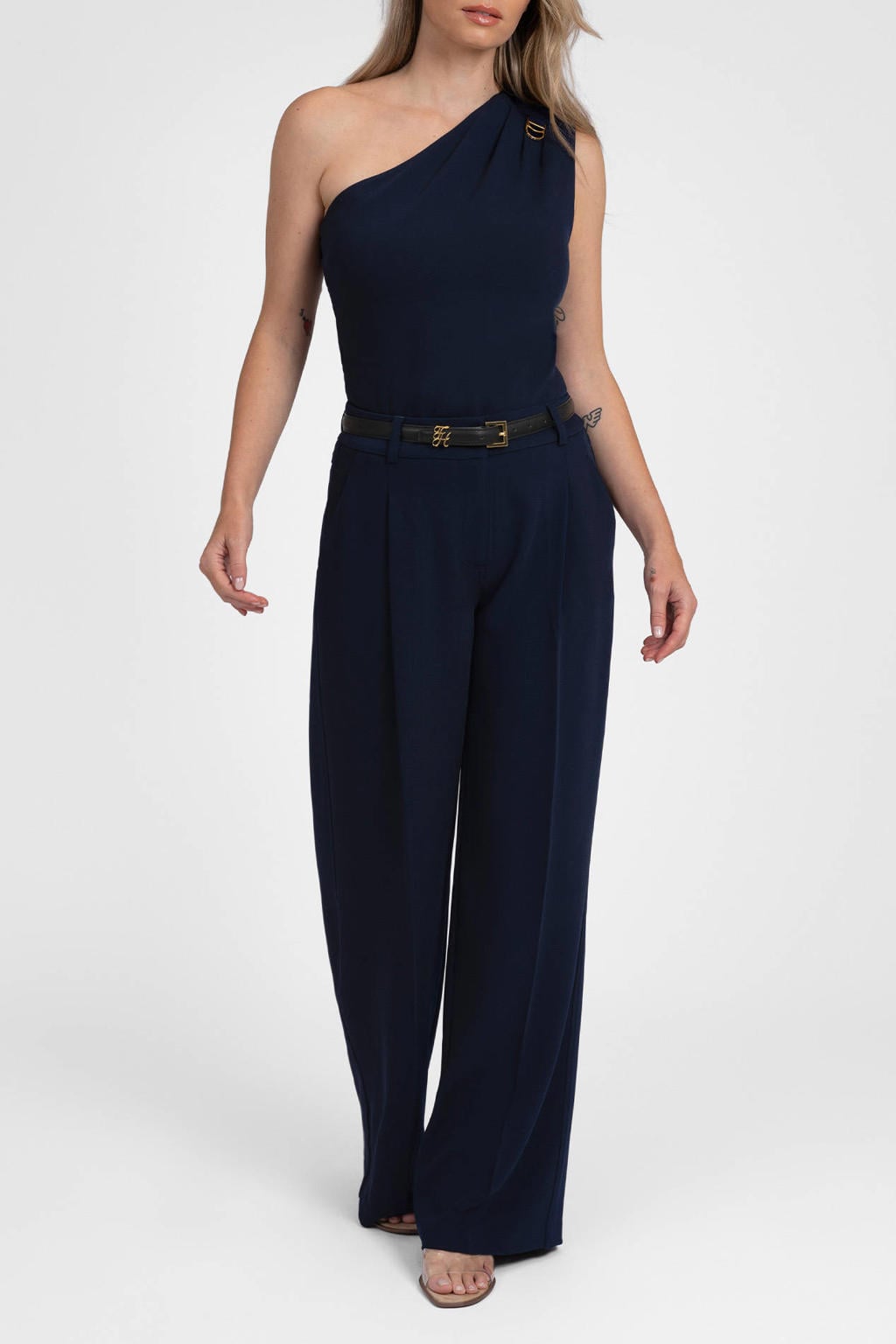 Marineblauw dames Fifth House van polyester met wijde pijpen, regular waist, rits- en haaksluiting en effen