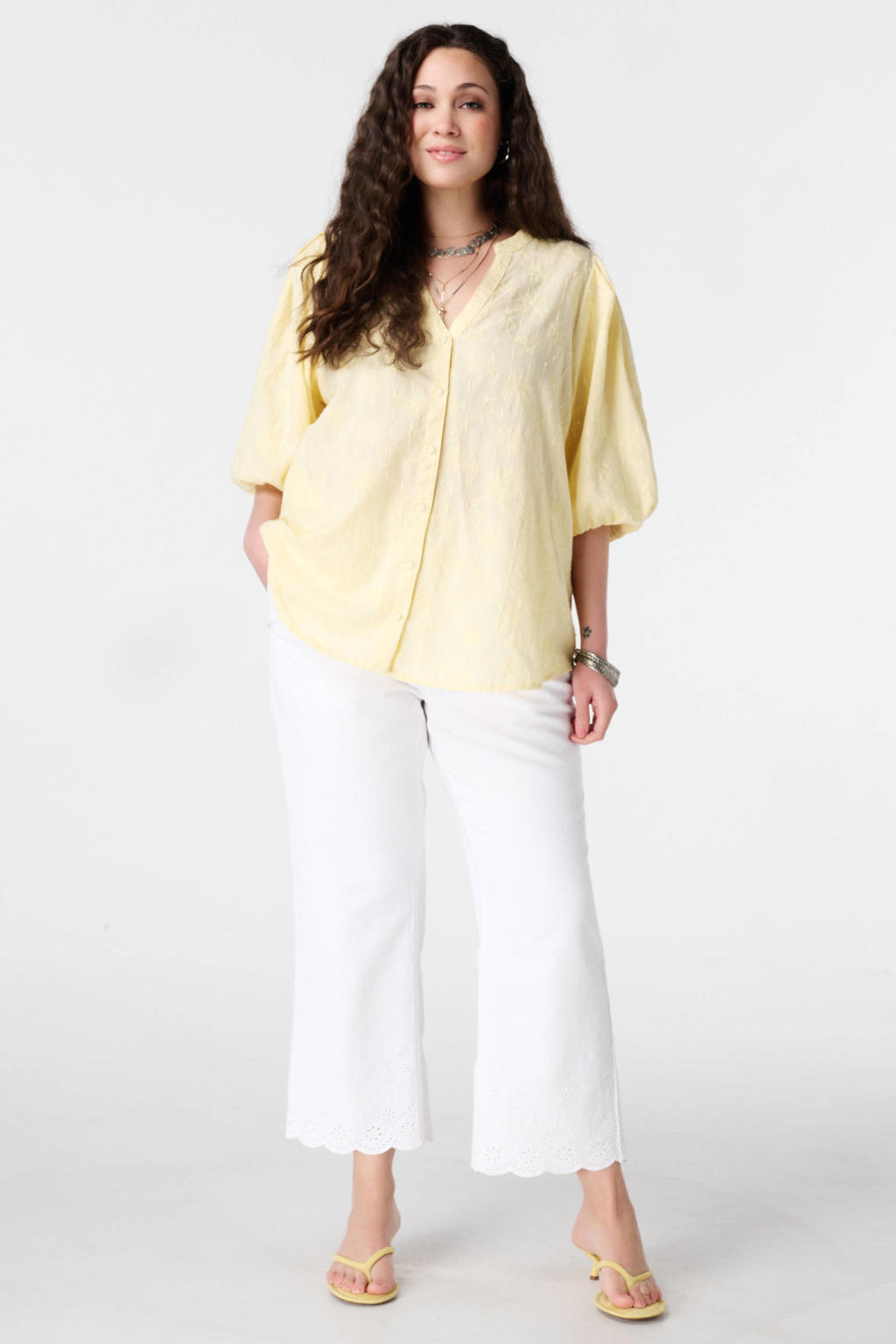 Gele dames MS Mode blouse broderie van katoen met effen, korte mouwen, klassieke kraag en knoopsluiting
