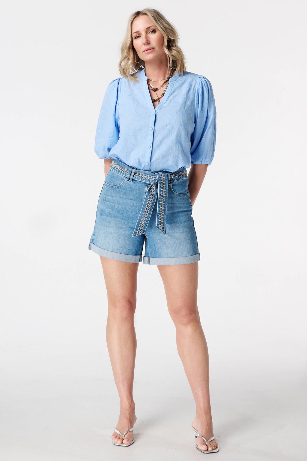 Blauwe dames MS Mode blouse broderie van katoen met effen, korte mouwen, V-hals en knoopsluiting
