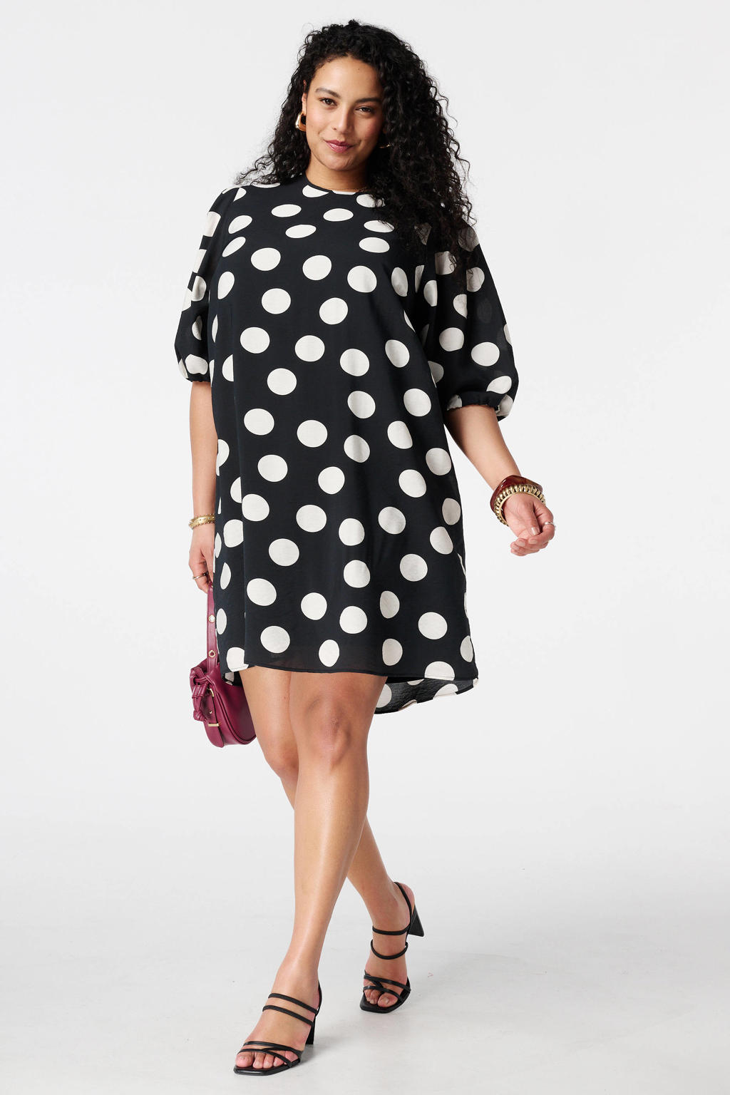 Zwart en witte dames MS Mode korte jurk van viscose met stippenprint, driekwart mouwen, klassieke kraag en striksluiting