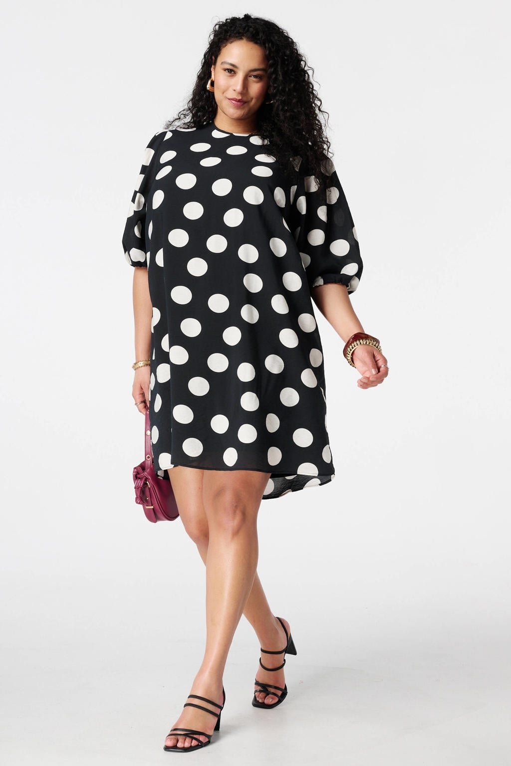 Zwart en witte dames MS Mode korte jurk van viscose met stippenprint, driekwart mouwen, klassieke kraag en striksluiting