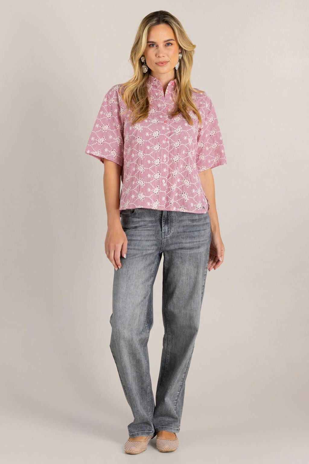 Roze en ecru dames Ivy Beau blouse broderie van katoen met driekwart mouwen, klassieke kraag en knoopsluiting
