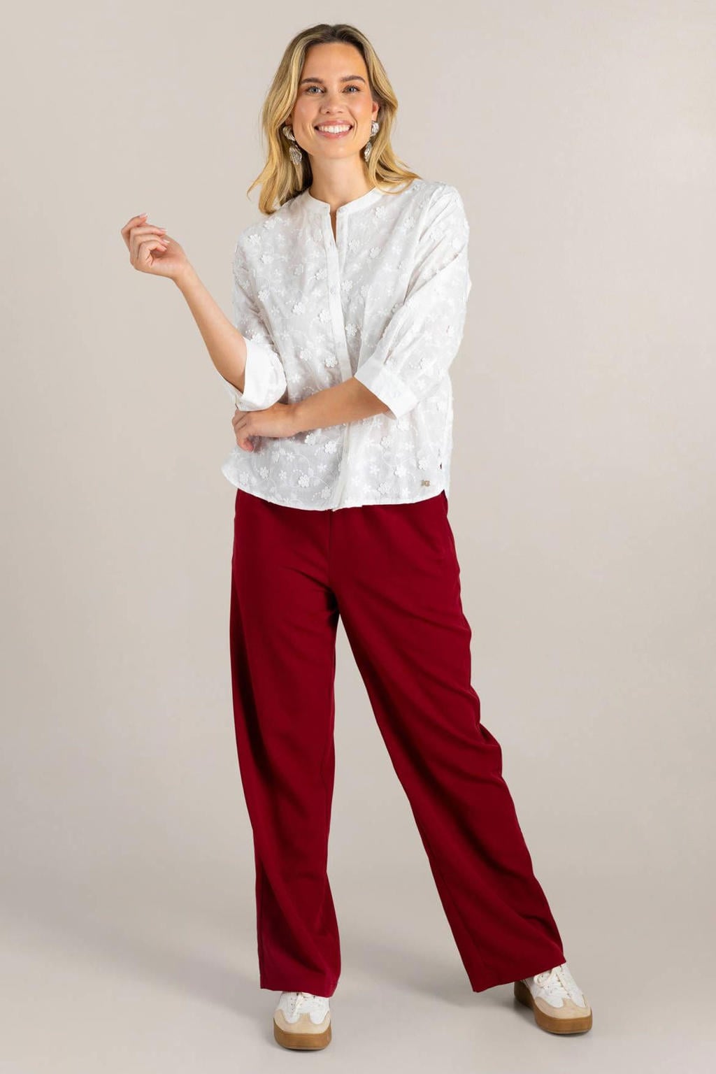 Witte dames Ivy Beau blouse broderie van katoen met effen, driekwart mouwen, klassieke kraag en knoopsluiting