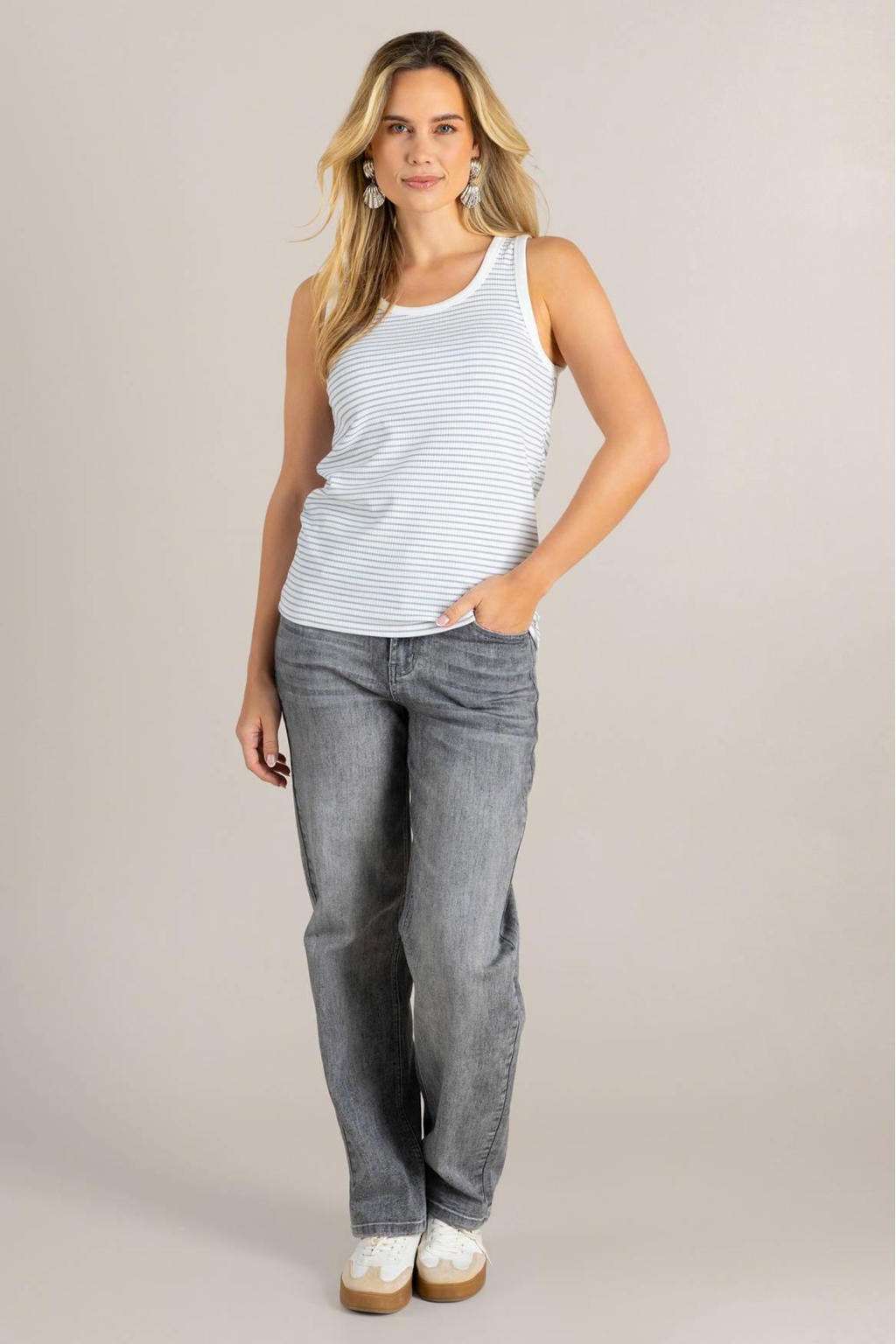 Grijs en witte dames Ivy Beau gestreepte top van denim met korte mouwen, ronde hals en riemlussen