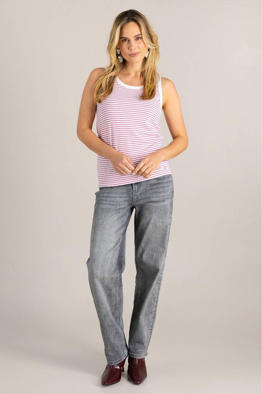 Roze en ecru dames Ivy Beau gestreepte top van denim met korte mouwen, ronde hals en riemlussen