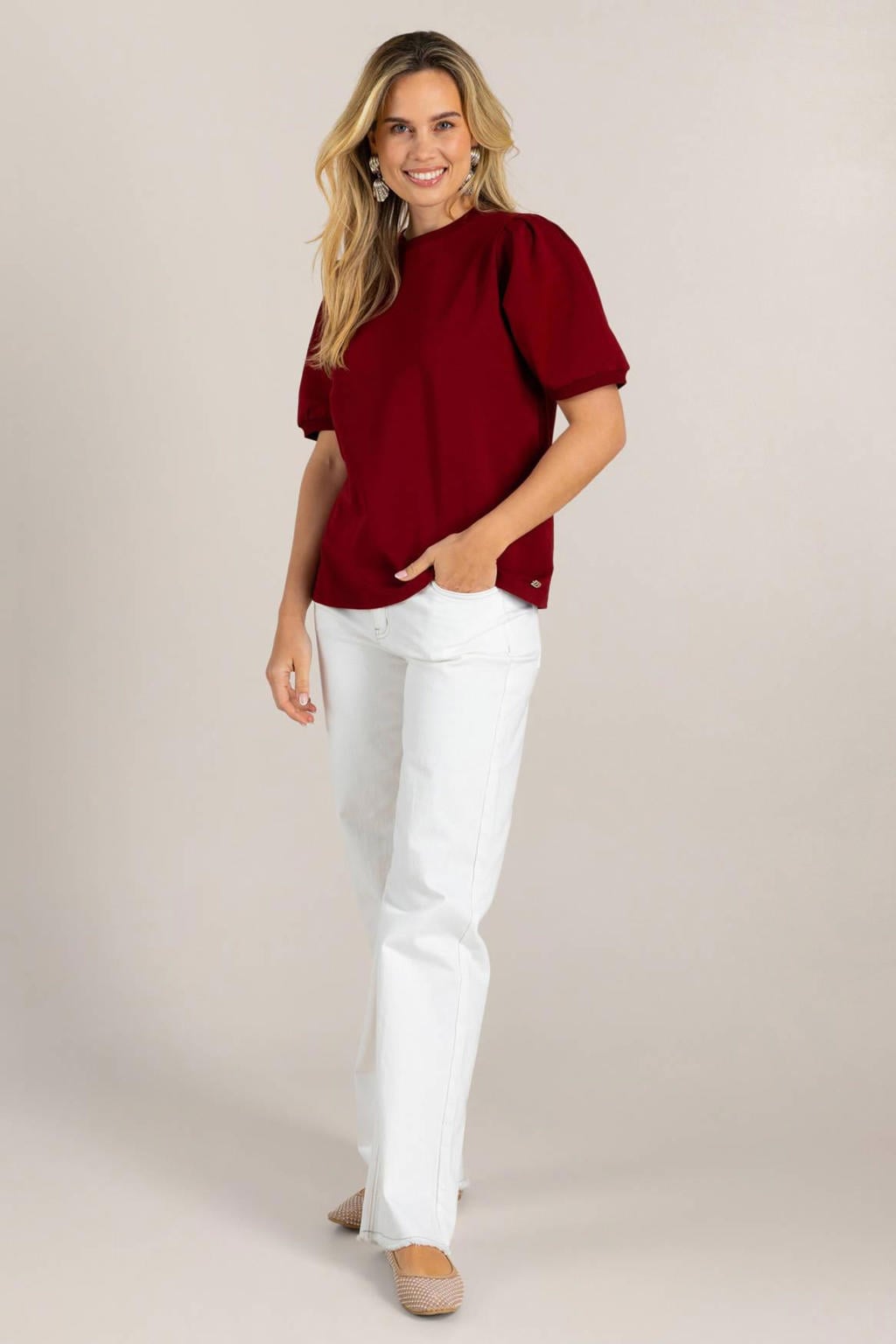 Donkerrode dames Ivy Beau top sweat met effen, korte mouwen en ronde hals