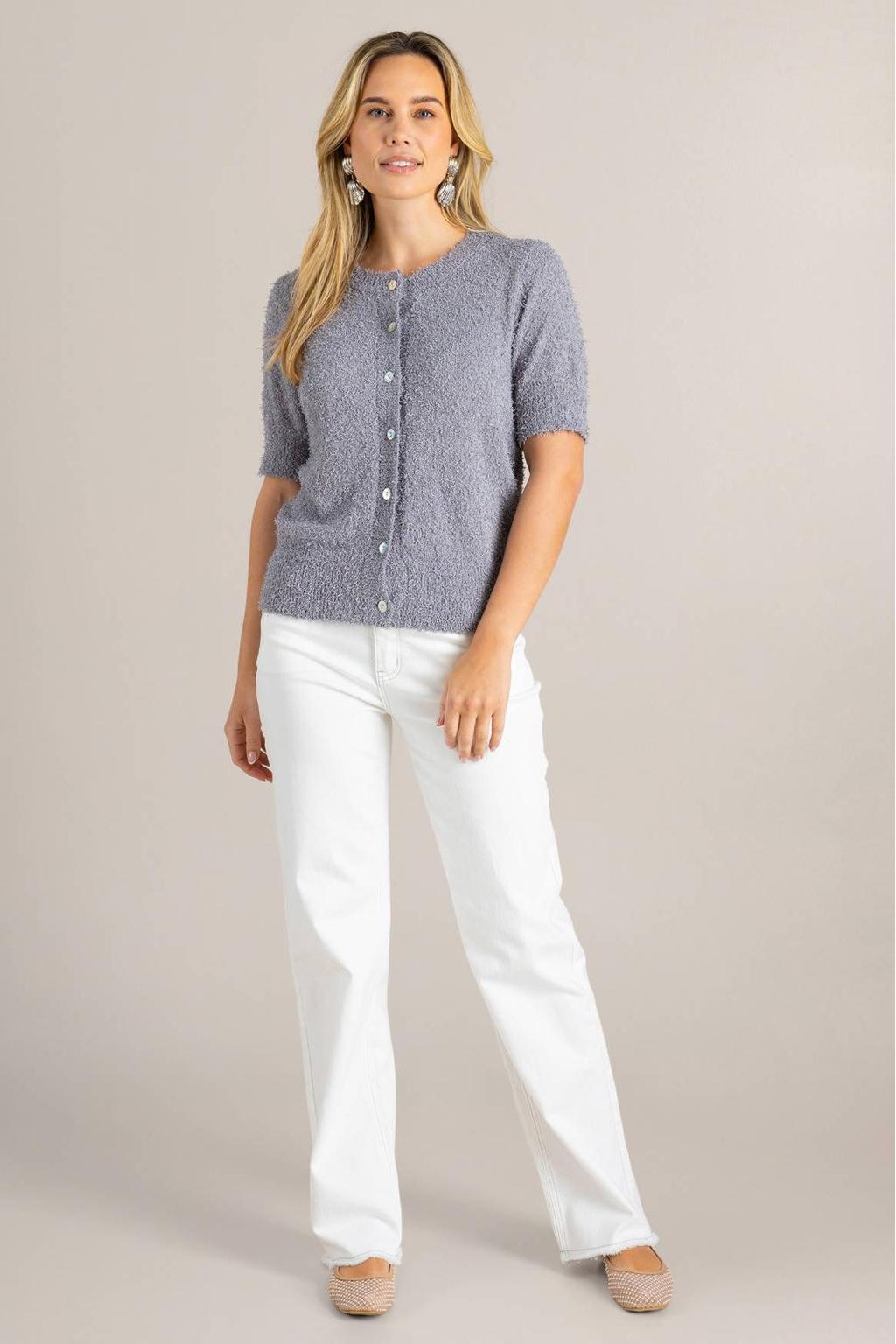 Grijze dames Ivy Beau gebreid vest met effen, driekwart mouwen, ronde hals en knoopsluiting