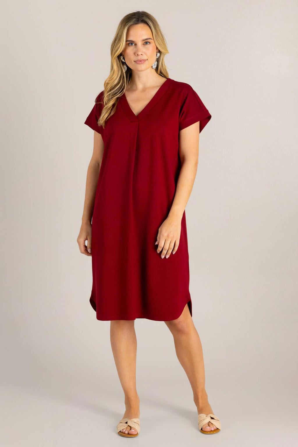 Rode dames Ivy Beau jersey zomerjurk van viscose met effen, korte mouwen en V-hals