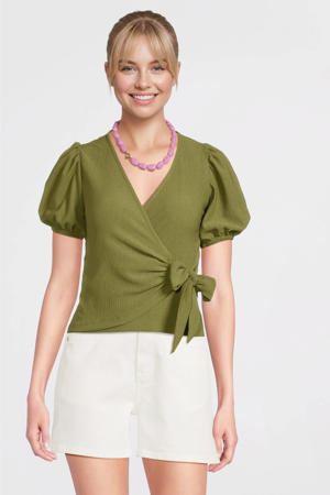 crinkle overslagtop met pofmouwen olijfgroen