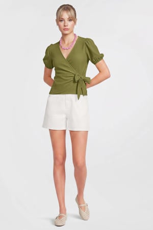 crinkle overslagtop met pofmouwen olijfgroen