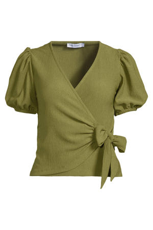 crinkle overslagtop met pofmouwen olijfgroen