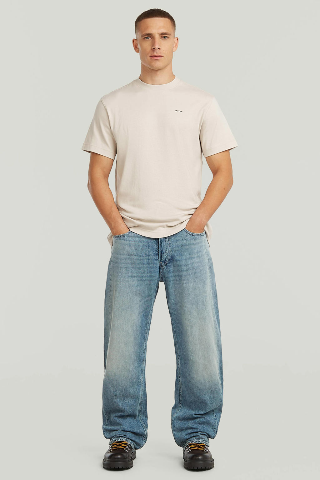 Beige heren G-STAR regular T-shirt van denim met effen, korte mouwen en ronde hals