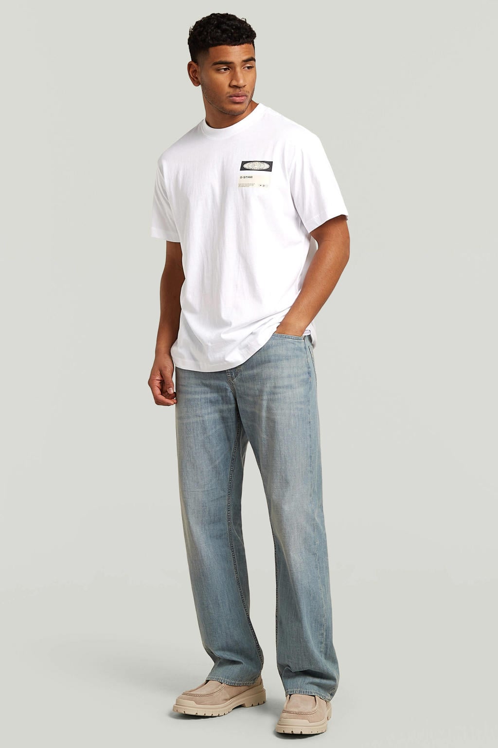 Witte heren G-STAR regular T-shirt van katoen met printopdruk, korte mouwen en ronde hals