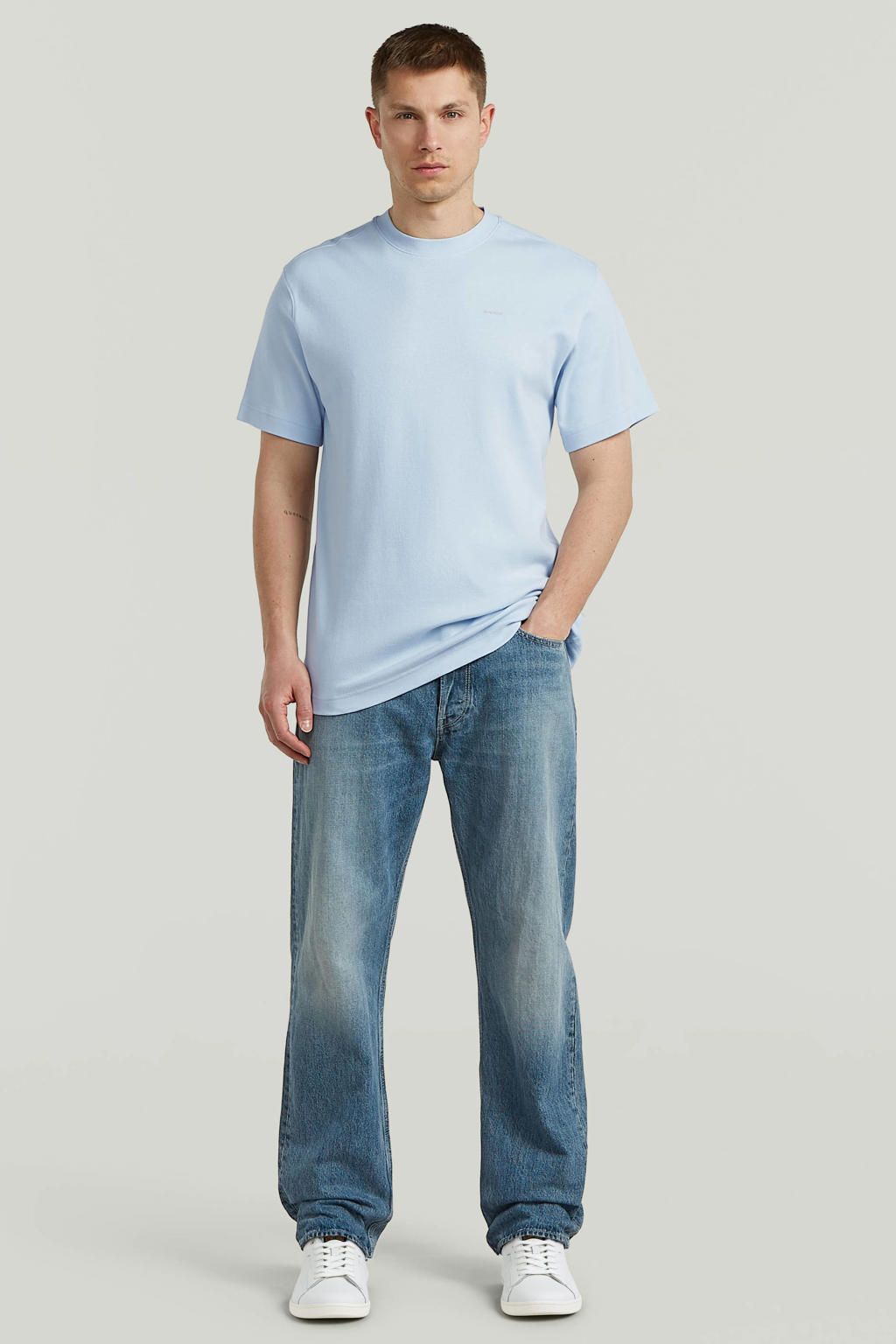 Blauwe heren G-STAR regular T-shirt van denim met effen, korte mouwen en ronde hals