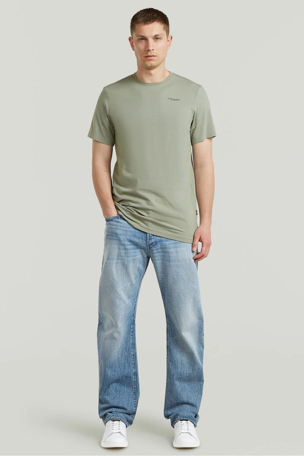 Groene heren G-STAR slim T-shirt van katoen met effen, korte mouwen en ronde hals