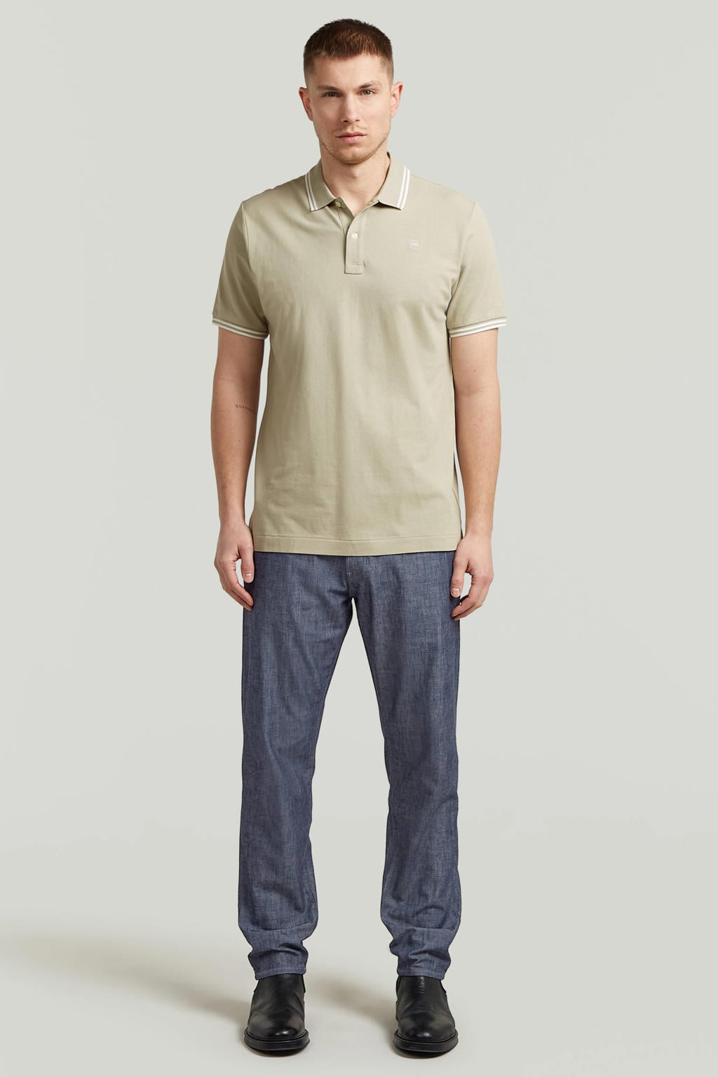 Beige heren G-STAR slim polo van katoen met effen, korte mouwen en contrast bies