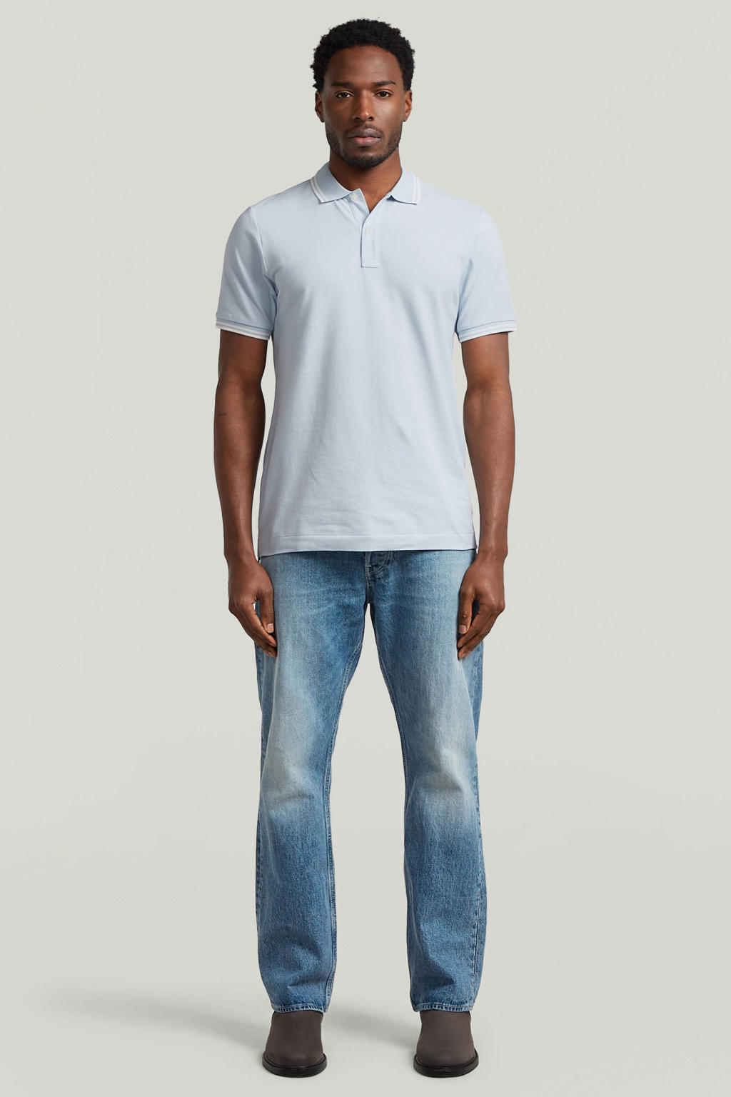 Lichtblauwe heren G-STAR slim polo van katoen met effen, korte mouwen en contrast bies