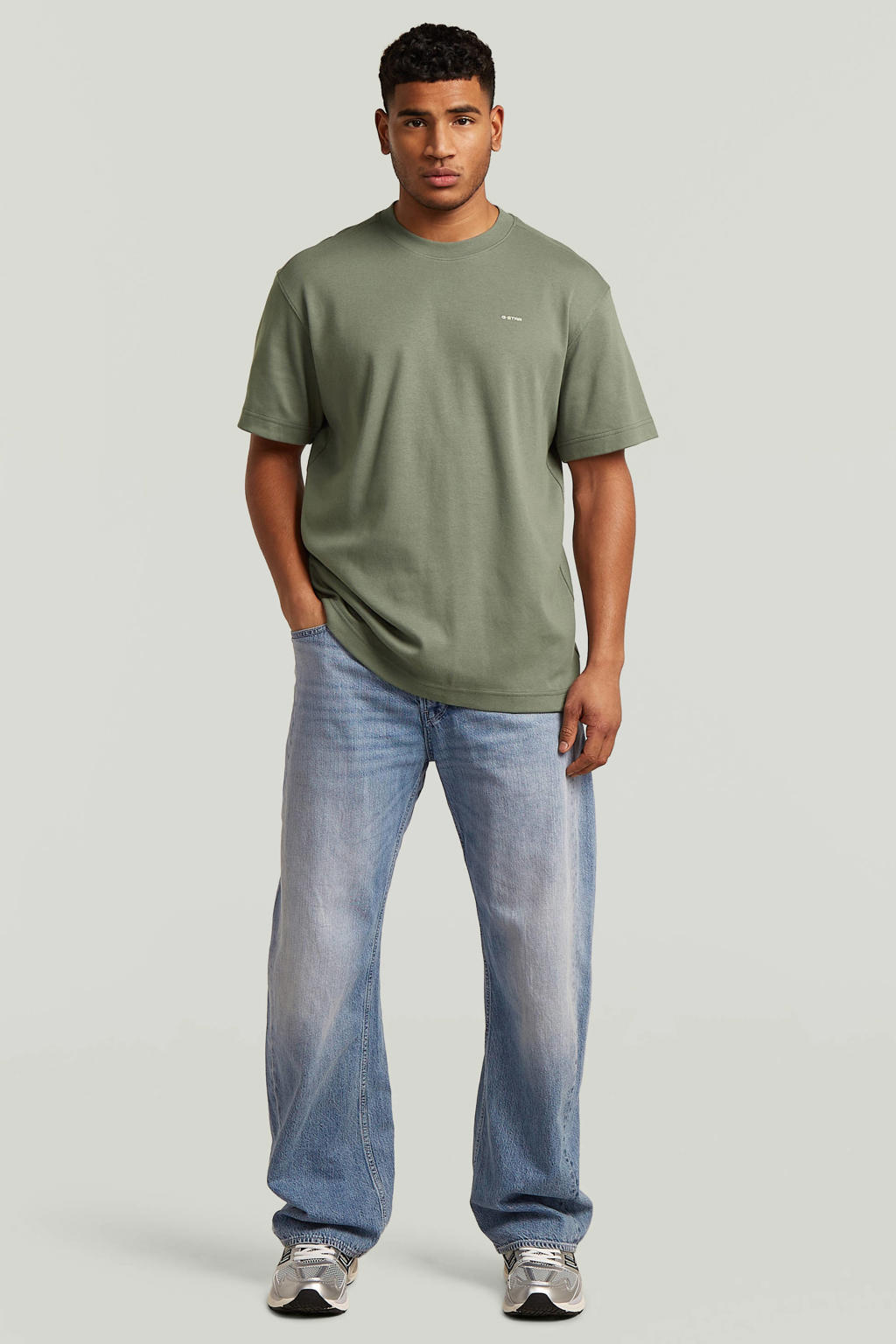 Groene heren G-STAR regular T-shirt van denim met effen, korte mouwen en ronde hals