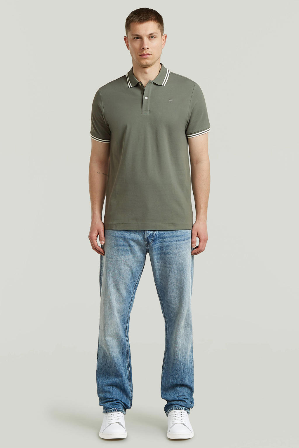 Groene heren G-STAR slim polo van katoen met effen, korte mouwen en contrast bies