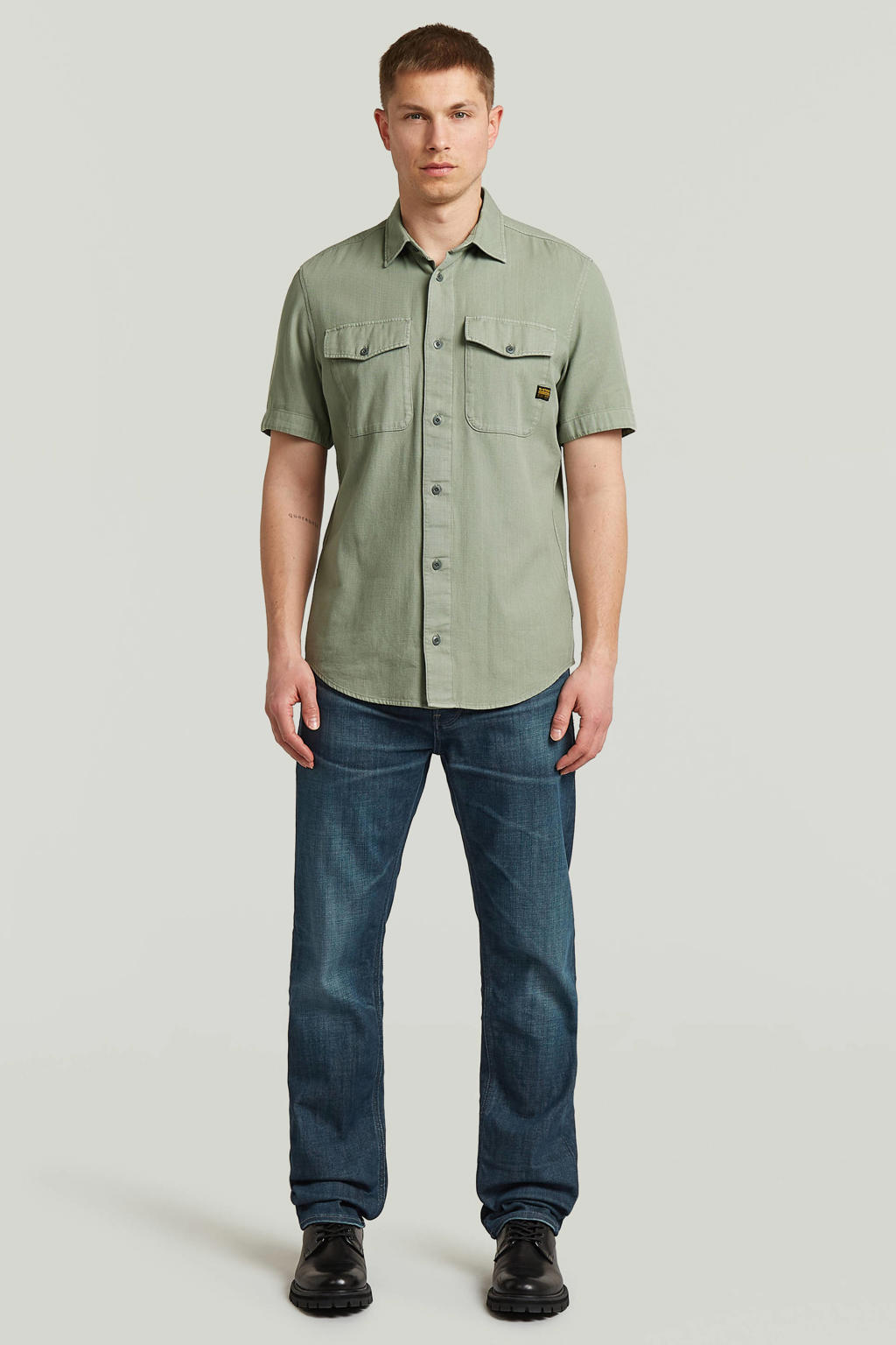 Groene heren G-STAR slim casual overhemd van katoen met effen, korte mouwen en klassieke kraag