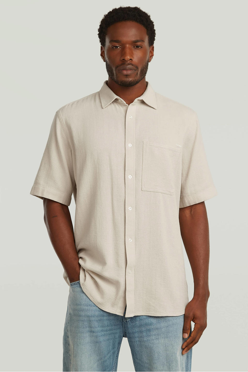 Beige heren G-STAR regular casual overhemd van katoen met effen, korte mouwen, klassieke kraag en knoopsluiting