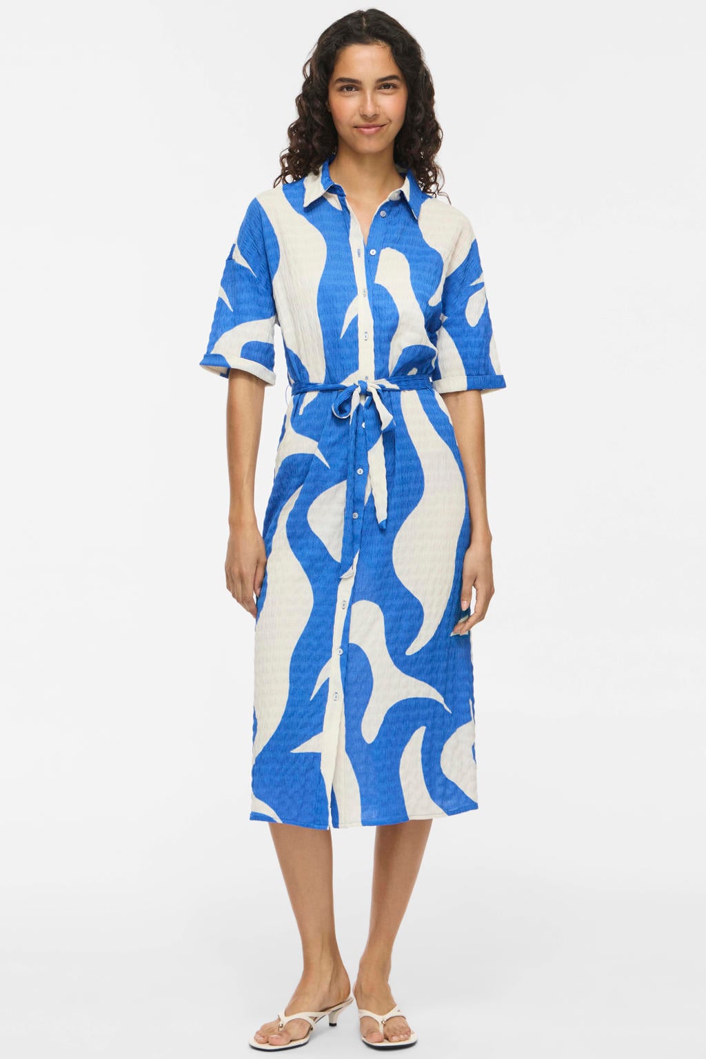 Blauw en ecru dames VILA blousejurk van polyester met effen, half lange mouwen, klassieke kraag, gesp en ceintuur