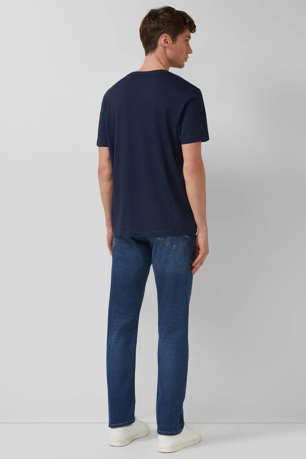 Donkerblauwe heren s.Oliver regular T-shirt van katoen met tekst print, korte mouwen en ronde hals