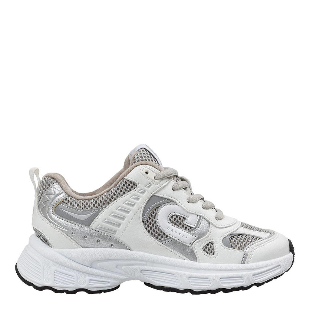 Wit en zilverkleurige meisjes Cruyff sneakers van sportleer met veters