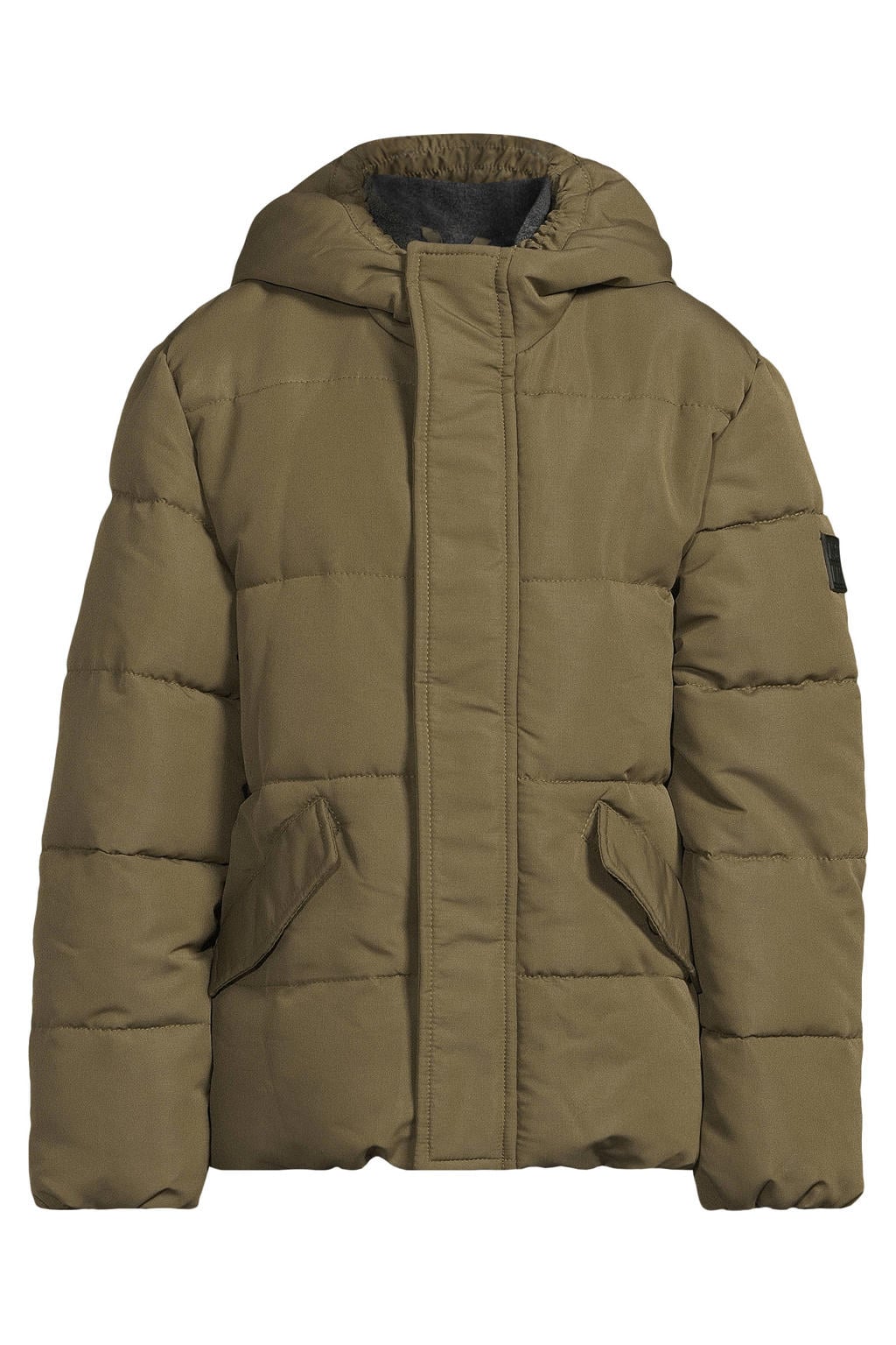 Kakikleurige jongens Me & My Monkey pufferjas van polyester met lange mouwen, capuchon en rits- en drukknoopsluiting