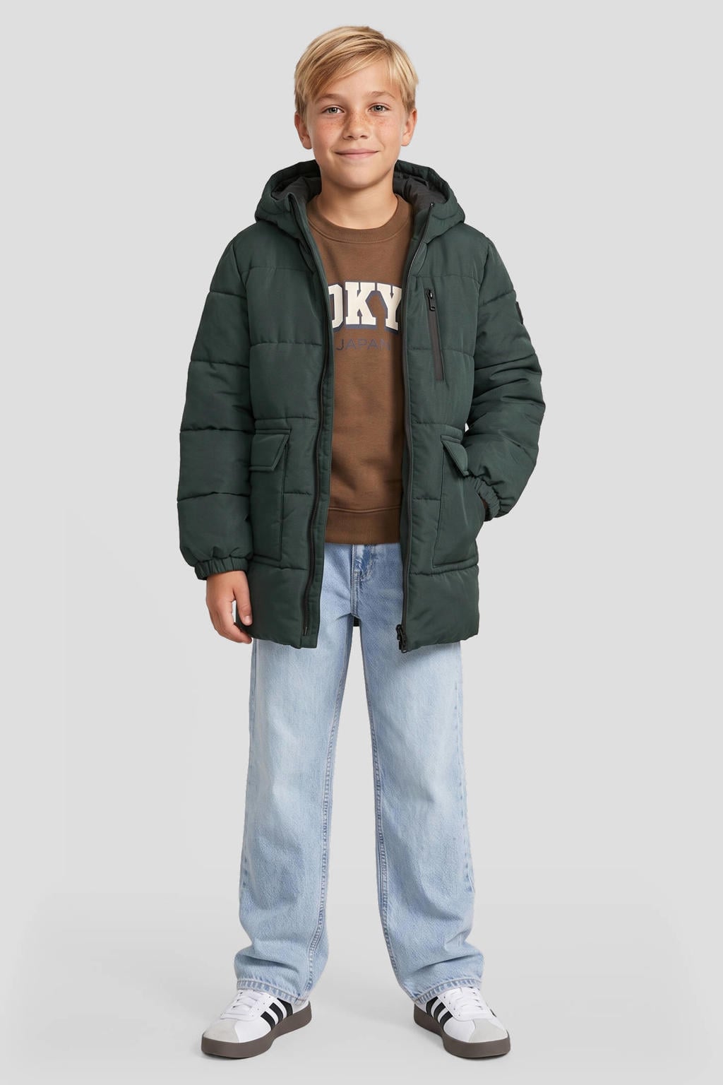 Donkergroene jongens Me & My Monkey pufferjas van polyester met lange mouwen, capuchon en ritssluiting