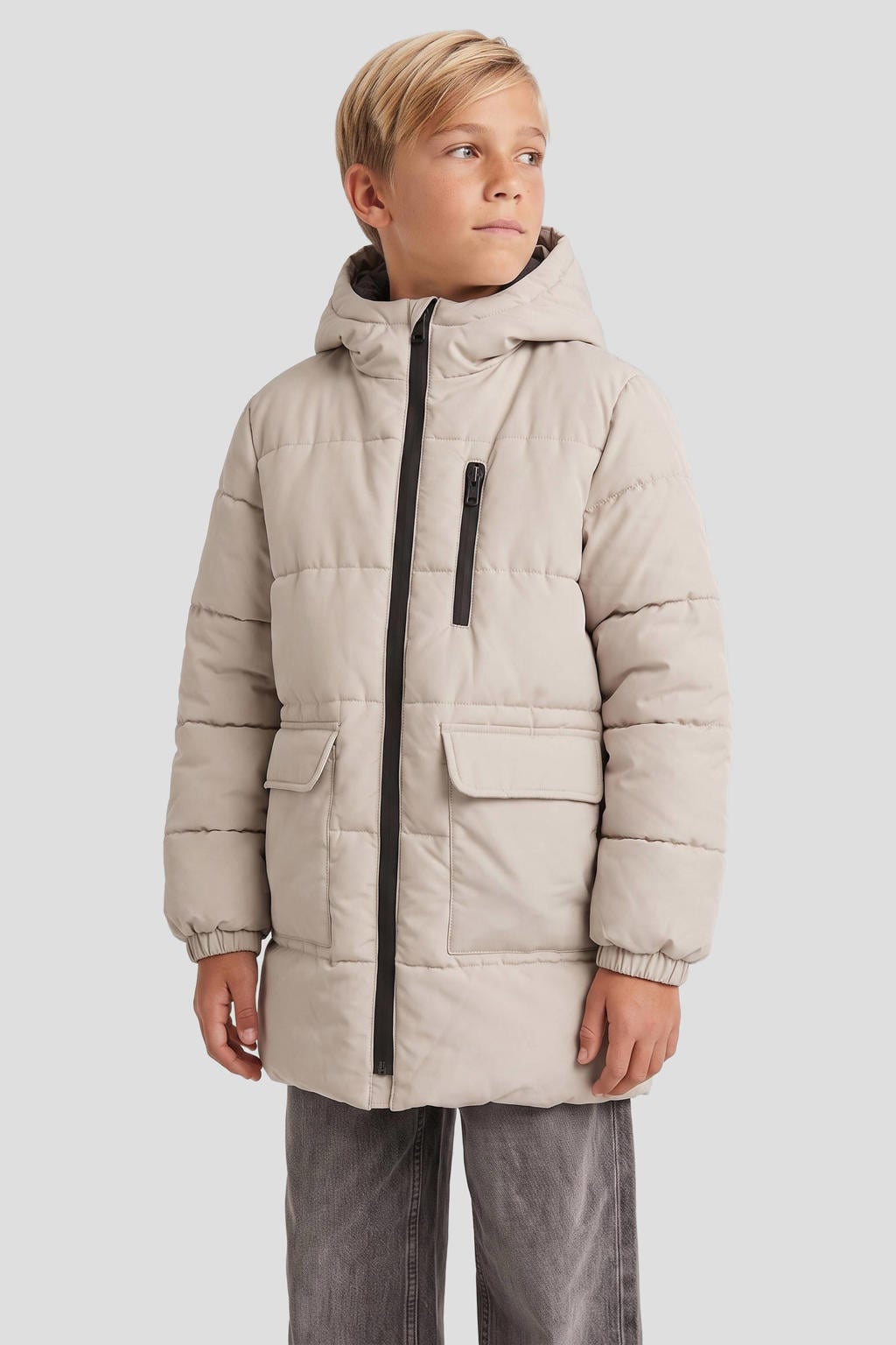 Lichtgrijze jongens Me & My Monkey pufferjas van polyester met lange mouwen, capuchon en ritssluiting