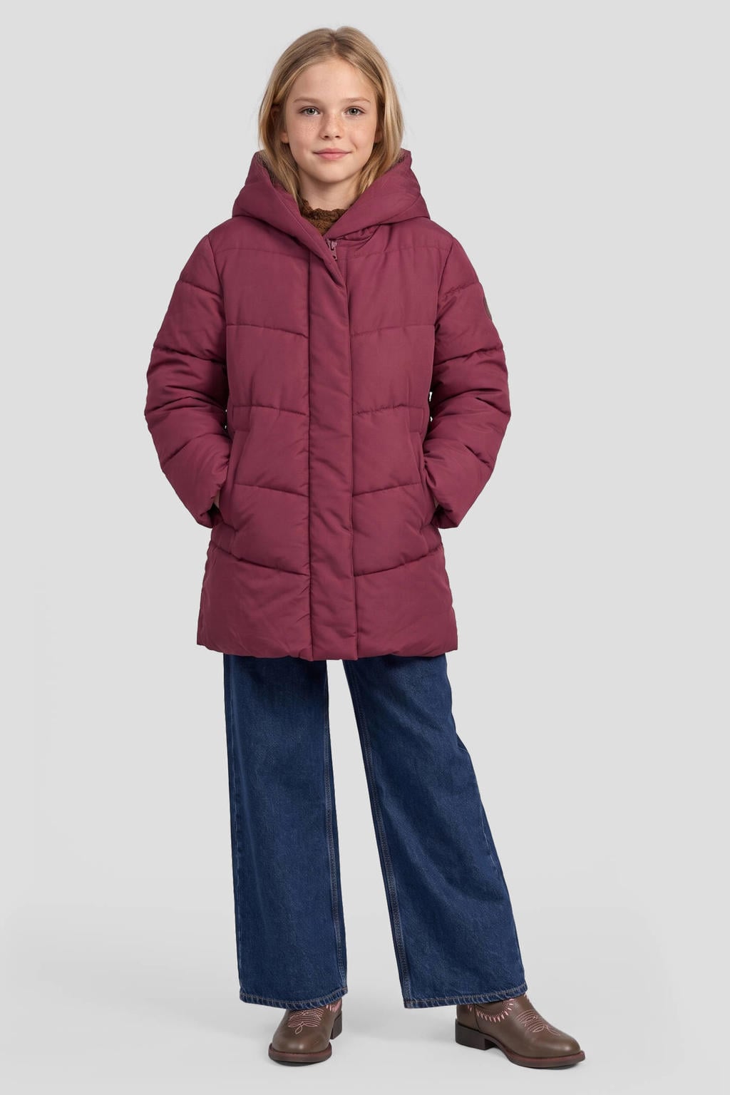 Donkerrode meisjes Me & My Monkey winterpufferjas van polyester met lange mouwen, capuchon en rits- en drukknoopsluiting