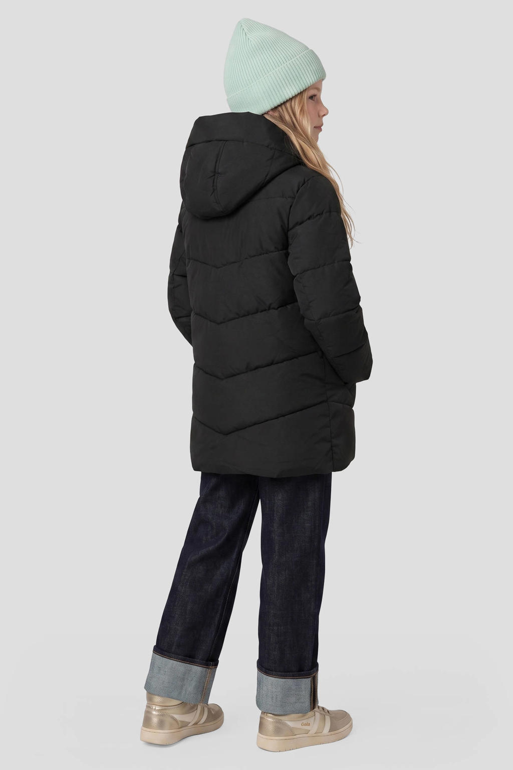 Zwarte meisjes Me & My Monkey pufferjas van polyester met lange mouwen, capuchon en rits- en drukknoopsluiting