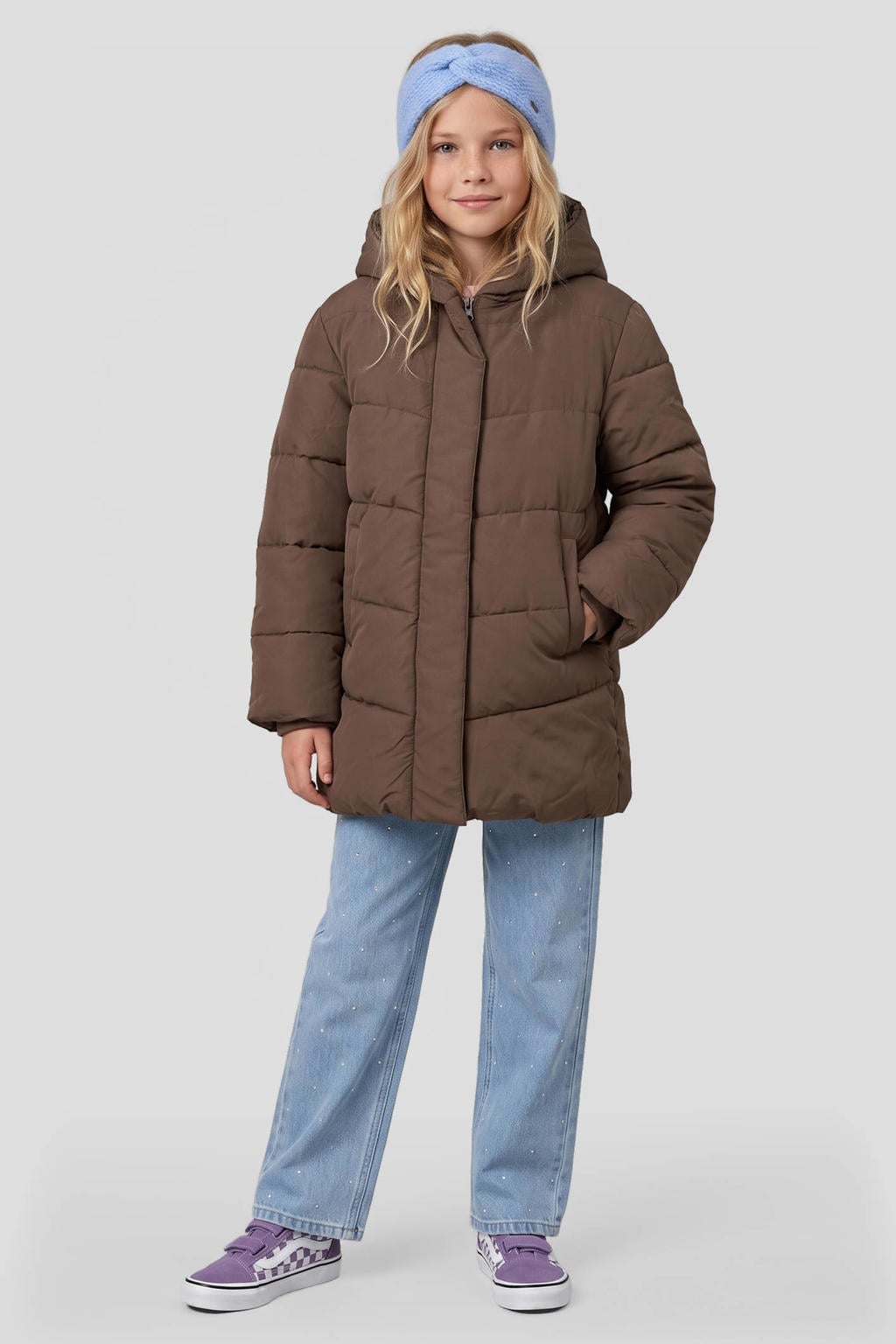 Bruine meisjes Me & My Monkey pufferjas van polyester met lange mouwen, capuchon en rits- en drukknoopsluiting