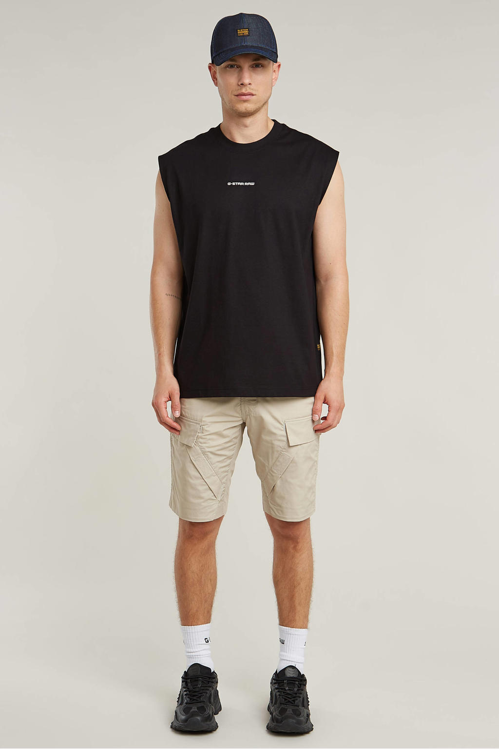 Zwarte heren G-STAR tanktop van katoen met logo dessin en ronde hals