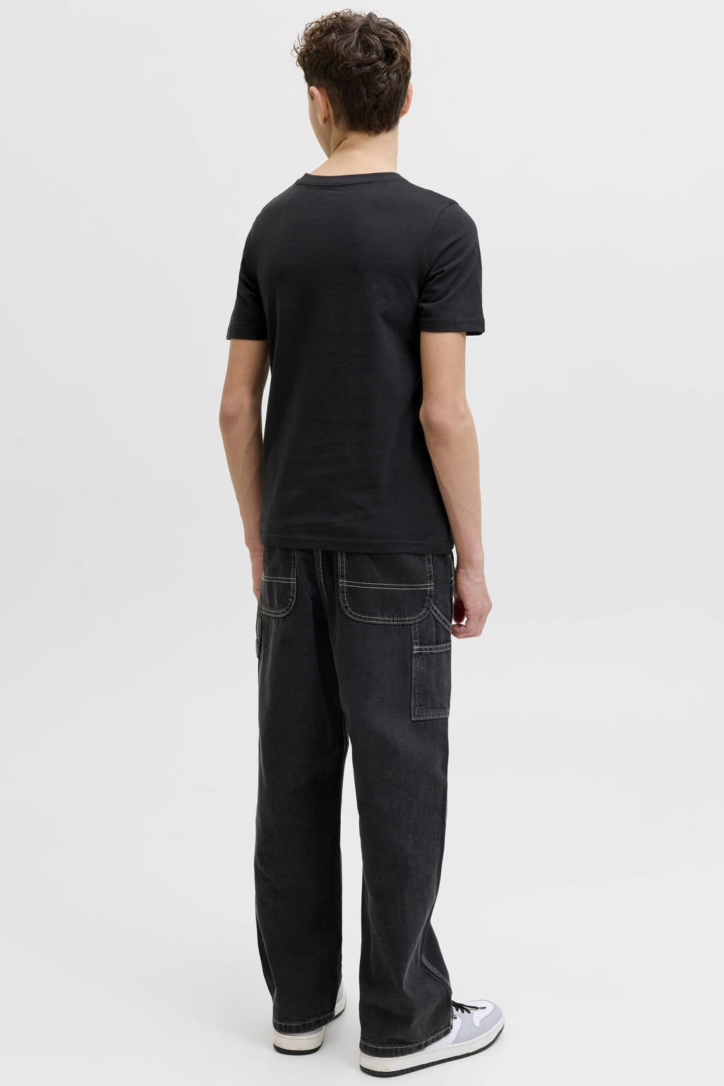 Zwarte jongens JACK & JONES JUNIOR rechtvallend T-shirt van katoen met logo dessin, korte mouwen en ronde hals