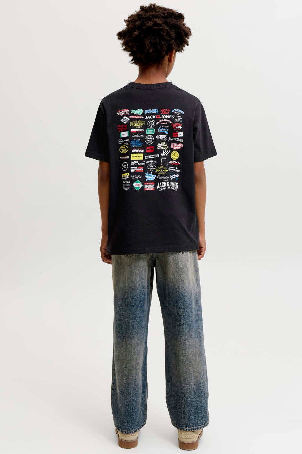 Zwarte jongens JACK & JONES JUNIOR T-shirt van katoen met backprint, korte mouwen en ronde hals