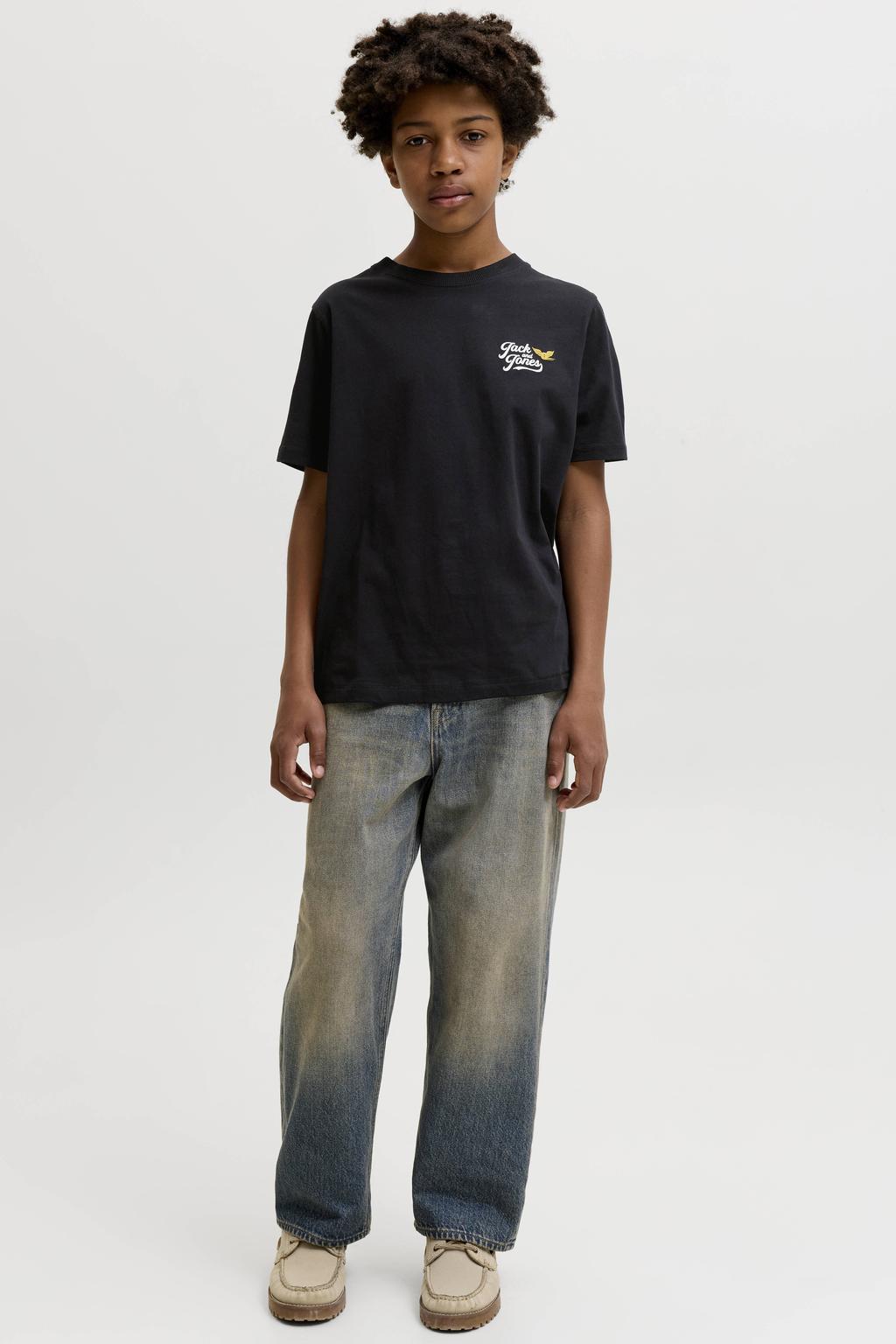 Zwarte jongens JACK & JONES JUNIOR T-shirt van katoen met backprint, korte mouwen en ronde hals
