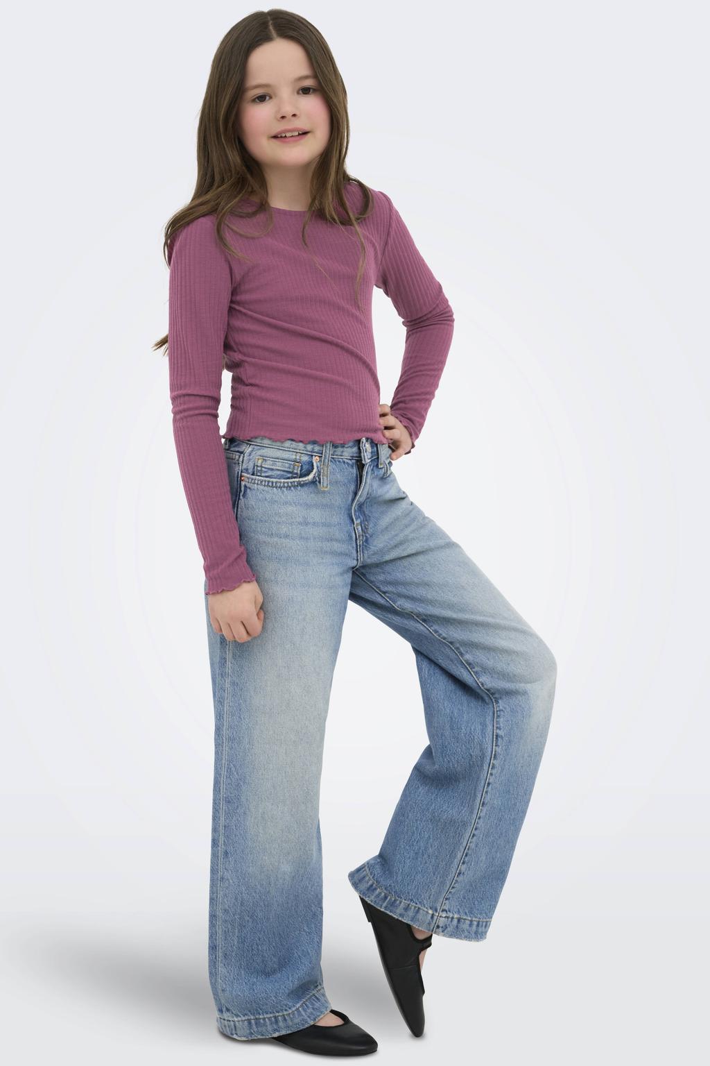 Roze meisjes KIDS ONLY GIRL longsleeve van polyester met effen, lange mouwen, ronde hals en golvende afwerking