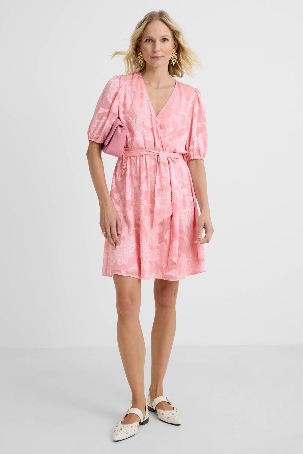 Roze dames Freebird gebloemde korte zomerwikkeljurk van polyester met korte mouwen en V-hals