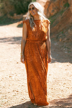 maxi jurk met panterprint oranje