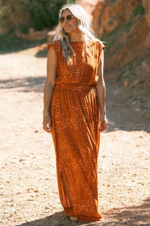maxi jurk met panterprint oranje