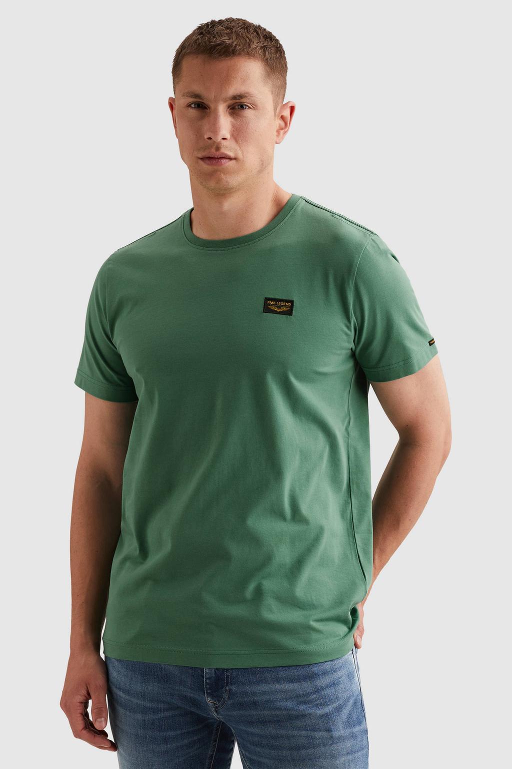 Groene heren PME Legend regular T-shirt van katoen met effen, korte mouwen en ronde hals