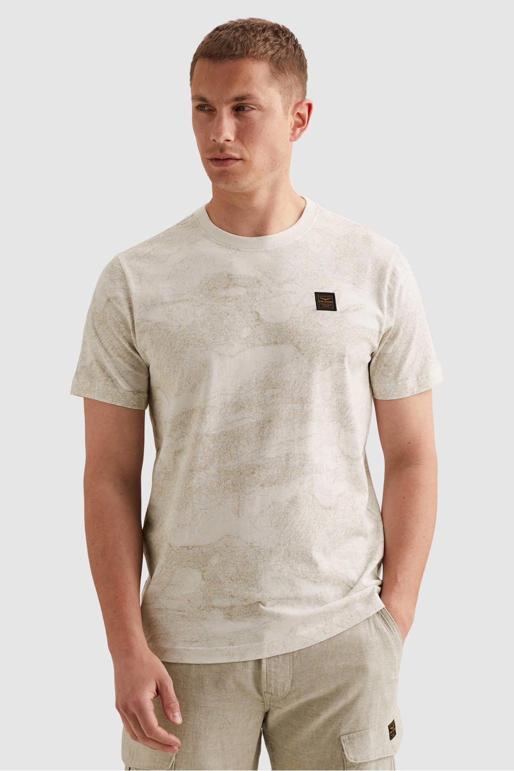 Ecru heren PME Legend regular T-shirt van katoen met korte mouwen en ronde hals