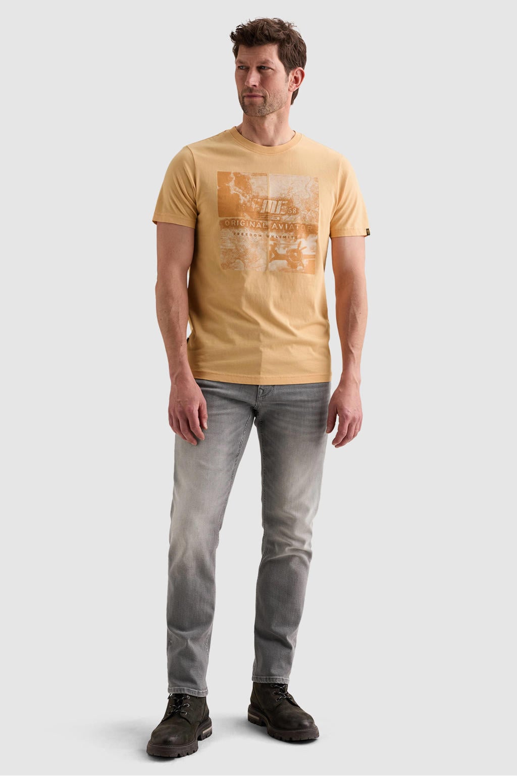Gele heren PME Legend regular T-shirt van katoen met printopdruk, korte mouwen en ronde hals