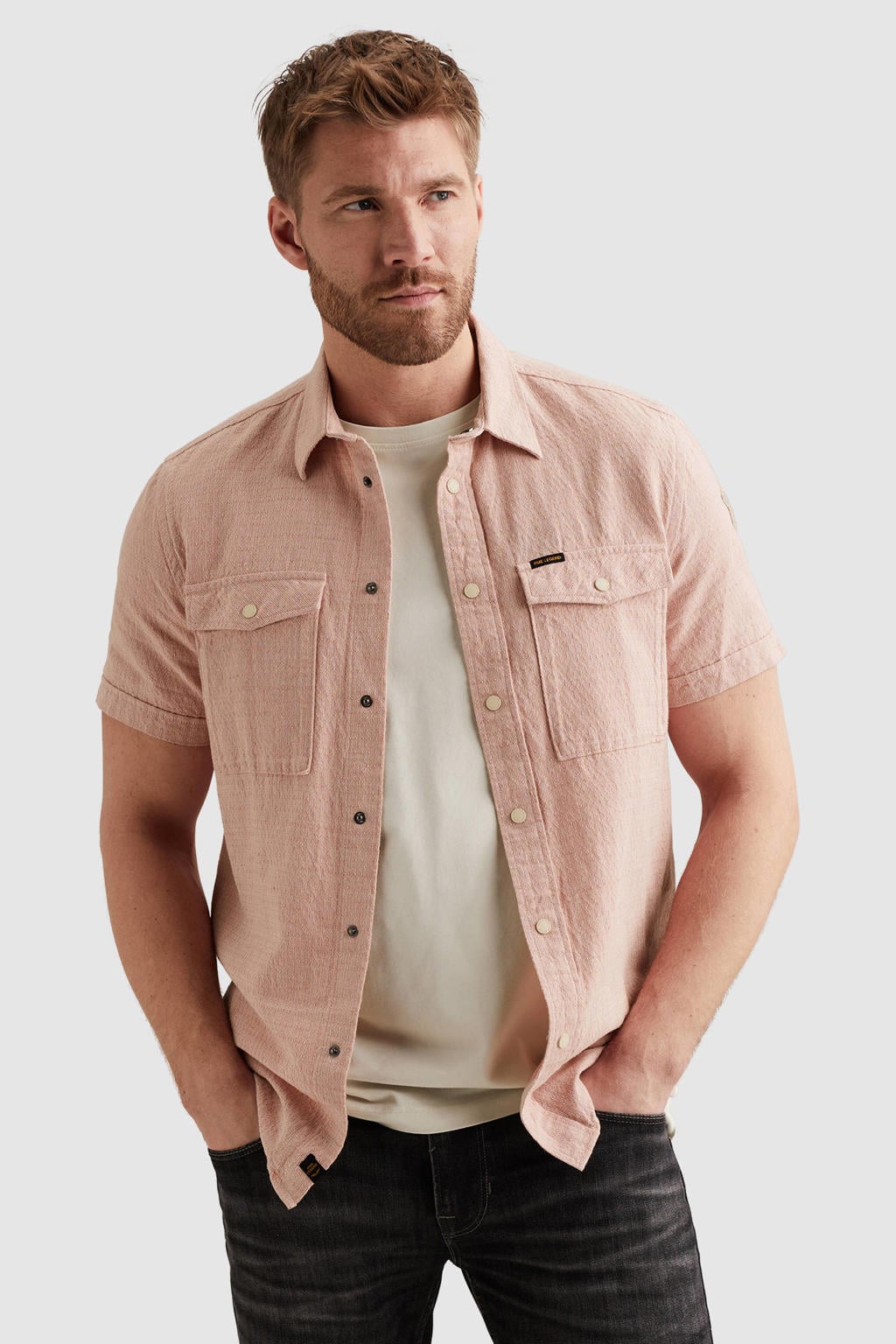 Roze heren PME Legend regular casual overhemd van katoen met effen, korte mouwen, klassieke kraag en drukknoopsluiting