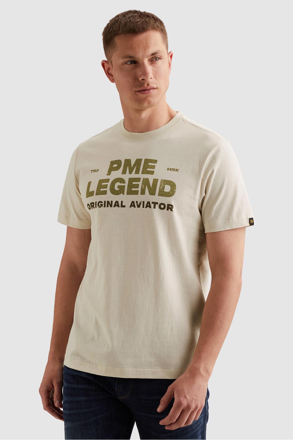 Beige heren PME Legend regular fit T-shirt van katoen met logo dessin, korte mouwen en ronde hals